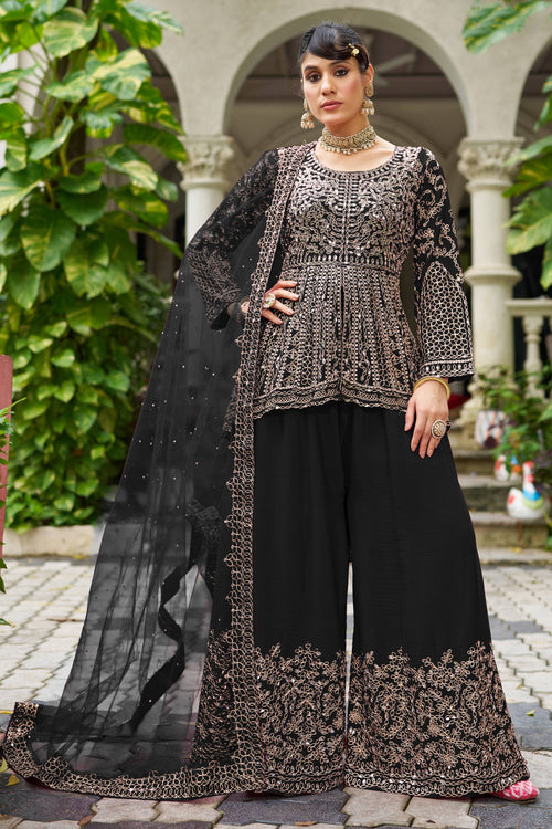 Black Wedding Wear Chinon Embroidered Readymade Palazzo Suit