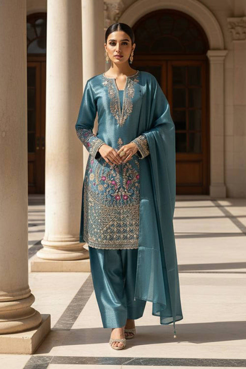 Teal Function Wear Art Silk Embroidered Readymade Designer Salwar Kameez