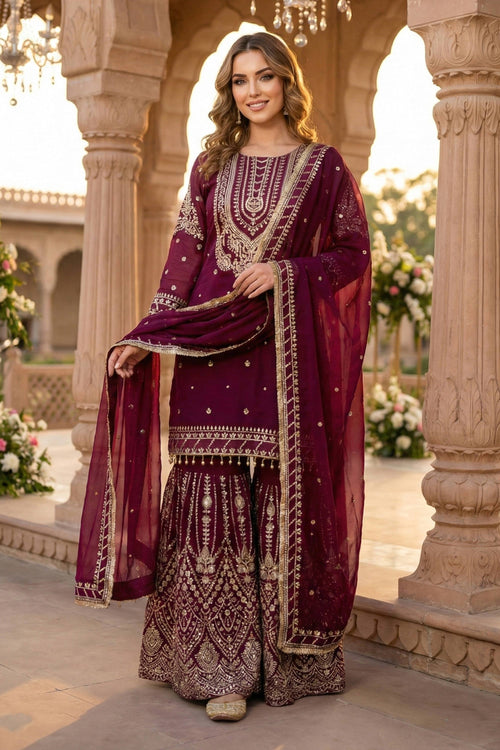 Georgette Embroidered Wine Festive Wear Readymade Palazzo Suit With Dupatta