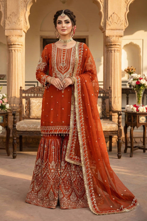 Embroidered Georgette Rust Readymade Palazzo Suit For Festive Wear