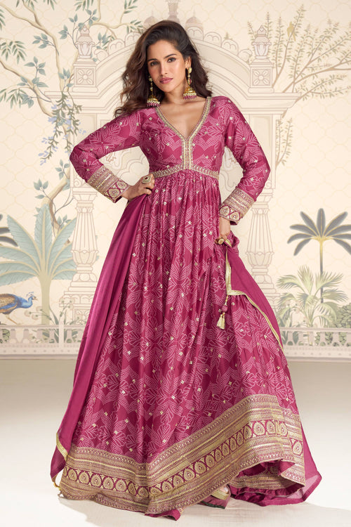 Chinon Silk Pink Bandhani Print Gown With Dupatta Party Wear