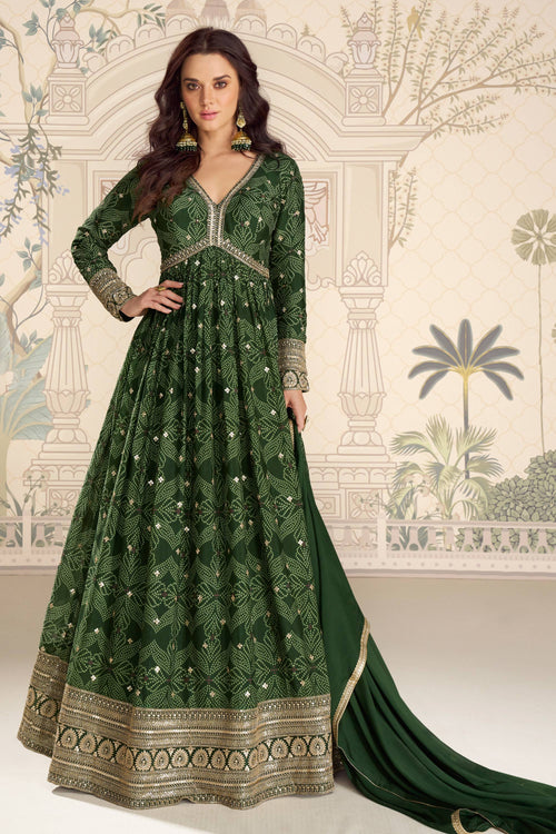 Chinon Silk Fabric Dark Green Bandhani Shaded Gown With Dupatta For Party Wear
