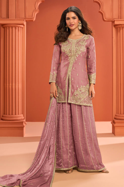 Embroidered Art Silk Pink Readymade Palazzo Suit With Dupatta For Sangeet Wear