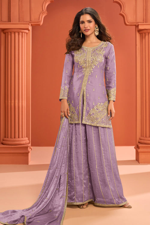 Lavender Sangeet Wear Art Silk Embroidered Readymade Palazzo Suit With Dupatta