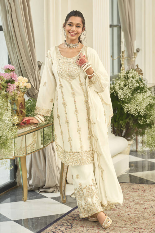 Chinon Embroidered White Wedding Wear Readymade Palazzo Suit With Dupatta