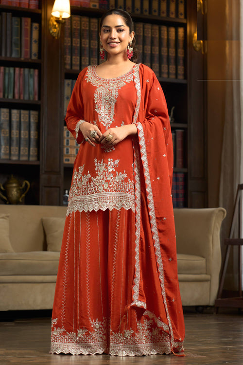 Lovely Rust Embroidery Work Readymade Palazzo Salwar Kameez