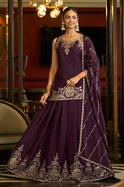 Georgette Silk Fabric Wine Readymade Sharara Style Lehenga For Party Wear