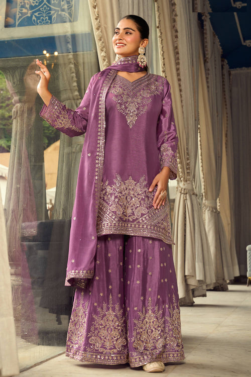 Chinon Silk Fabric Pink Sangeet Wear Readymade Palazzo Suit