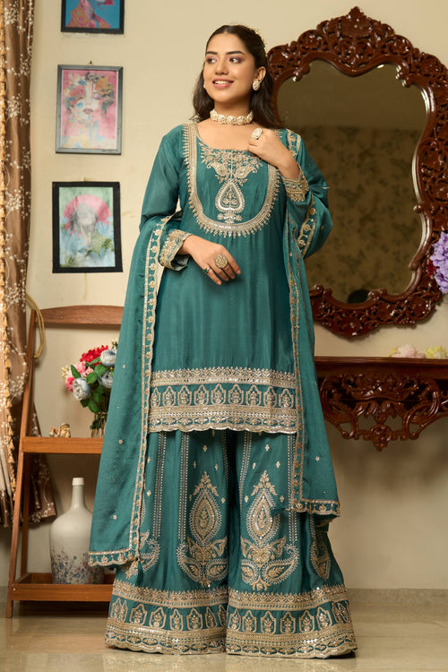 Teal Wedding Wear Chinon Silk Embroidered Readymade Palazzo Suit