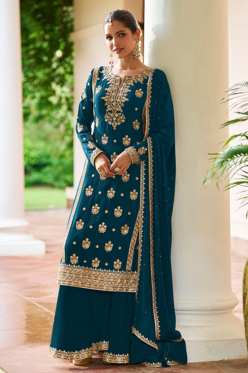 Vibrant Embroidered Readymade Palazzo Salwar Suit In Chinon Fabric