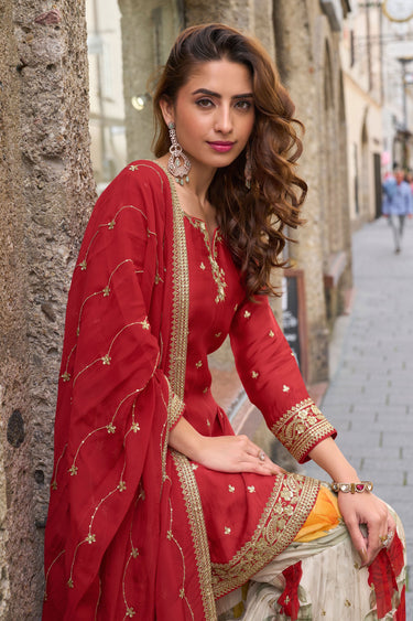 Fancy Embroidered Chinon Readymade Palazzo Dress In Red Color