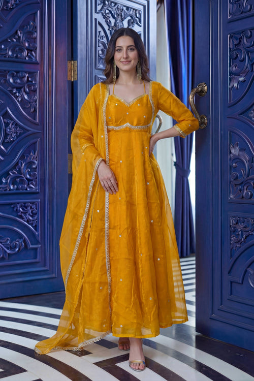 Yellow Festive Wear Art Silk Fabric Readymade Anarkali Suit