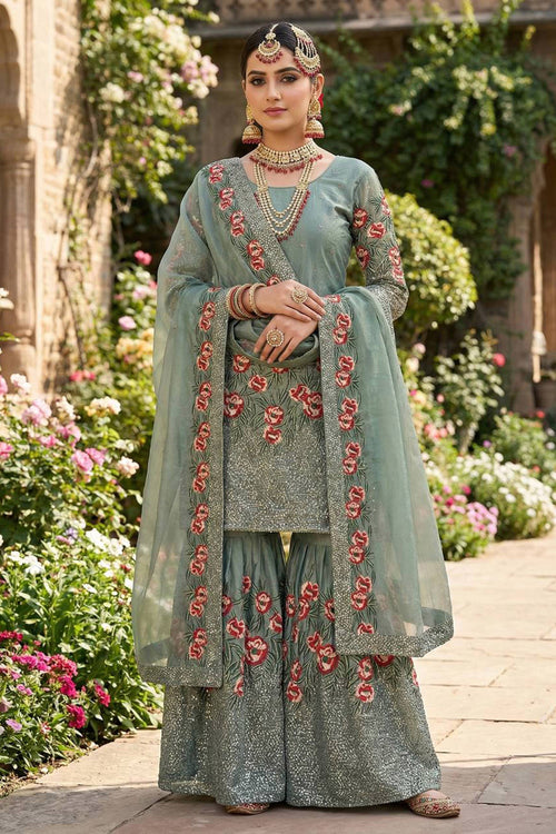 Art Silk Fabric Cyan Function Wear Readymade Palazzo Suit