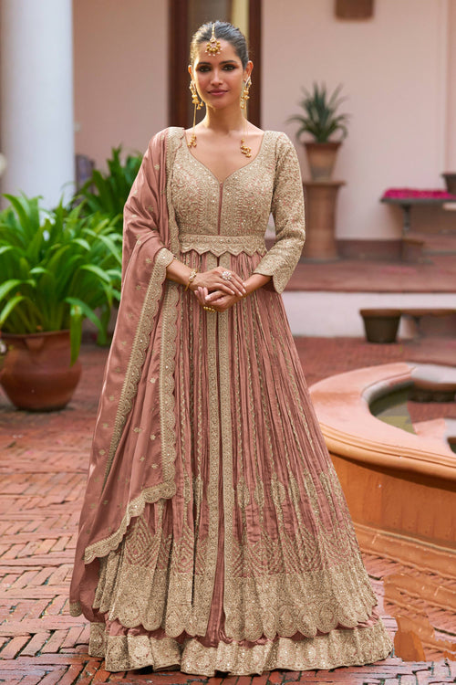 Embroidered Chinon Fabric Peach Readymade Lehenga Choli For Party Wear