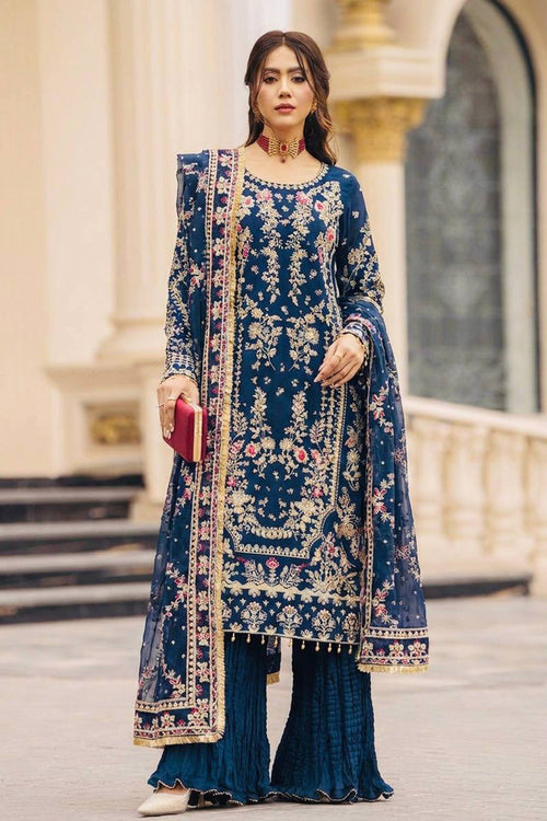 Embroidered Georgette Blue Readymade Palazzo Suit For Sangeet Wear