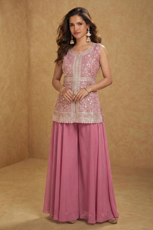 Georgette Pink Embroidered Readymade Palazzo Salwar Suit