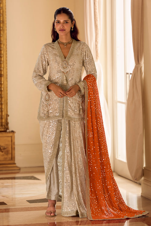 Beige Readymade Indo Western Top With Dhoti Style Bottom