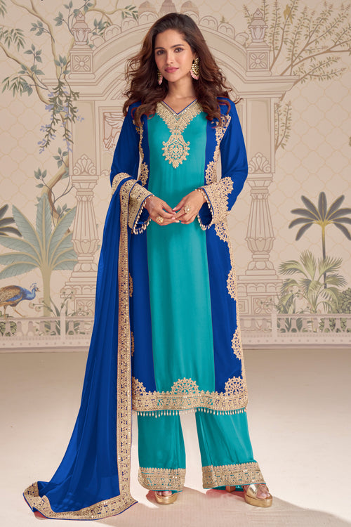 Festive Wear Designer Cyan Georgette Embroidered Readymade Palazzo Salwar Suit