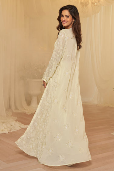 Designer Cream Georgette Embroidered Indo Western Palazzo With Crop Top And Long Jacket