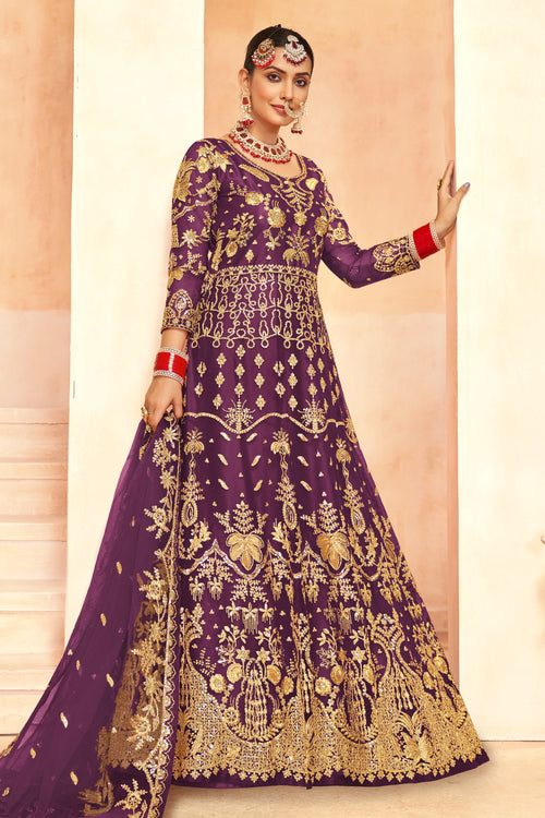 Festive Wear Purple Net Floor Length Anarkali Set