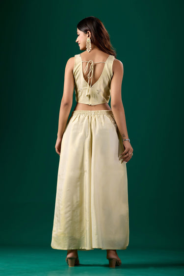 Beige Embroidered Party Wear Indo Western Crop Top Palazzo Set With Jacket