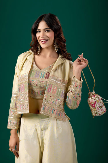 Beige Embroidered Party Wear Indo Western Crop Top Palazzo Set With Jacket
