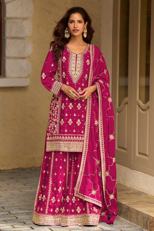 Real Chinon Silk Magenta Embroidered Palazzo Salwar Kameez