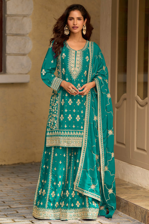 Cyan Chinon Silk Designer Embroidered Palazzo Suit