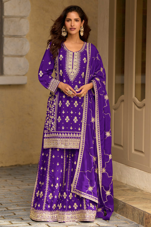 Real Chinon Silk Purple Party Wear Palazzo Salwar Suit