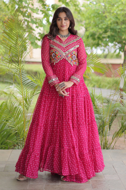 Designer Bandhani Print Embroidered Anarkali Gown