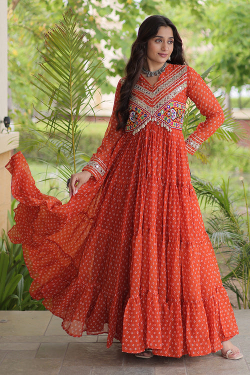 Women Traditional Printed Mirror Work Anarkali Gown