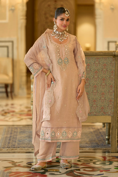 Real Satin Beige Embroidered Readymade Designer Salwar Kameez