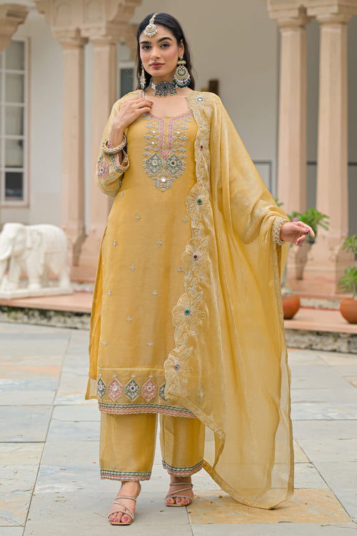 Yellow Satin Embroidered Readymade Designer Dress