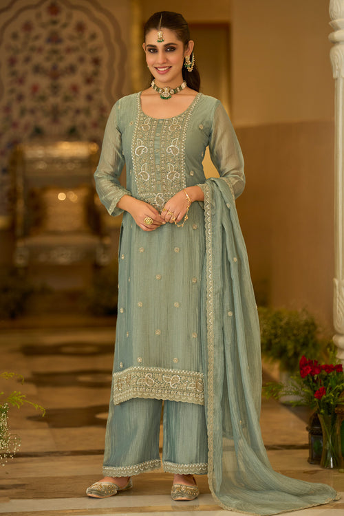 Elegant Sea Green Embroidered Designer Straight Cut Salwar Kameez