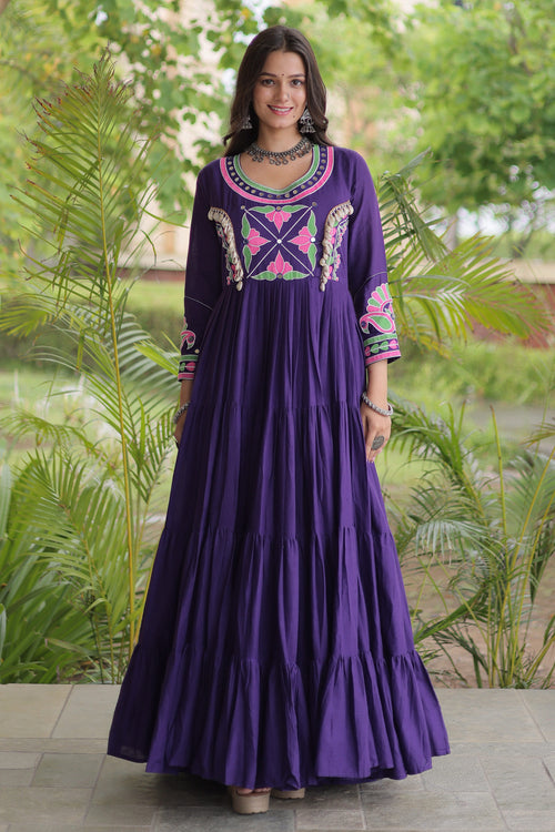 Royal Purple Cotton Festive Wear Readymade Gown