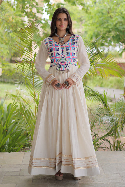 Classic White Cotton Embroidered Festive Wear Flared Anarkali Gown