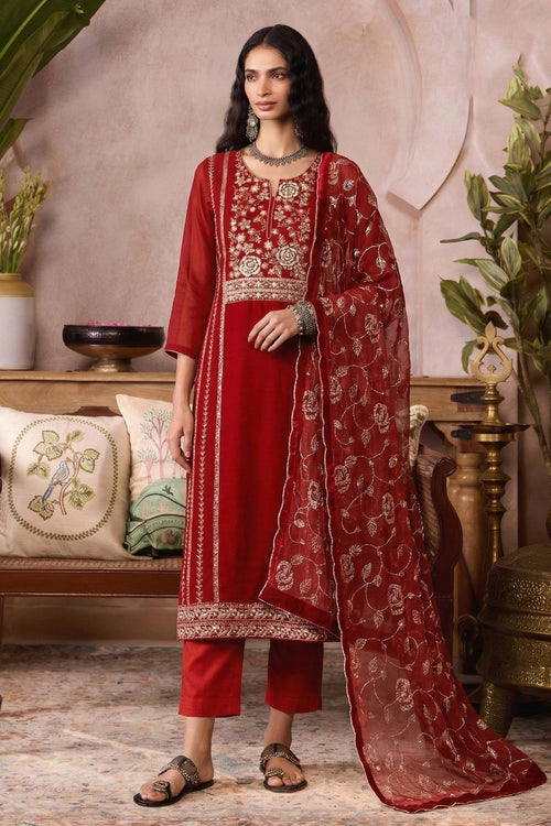 Elegant Red Embroidered Straight Cut Kurta Pant Set