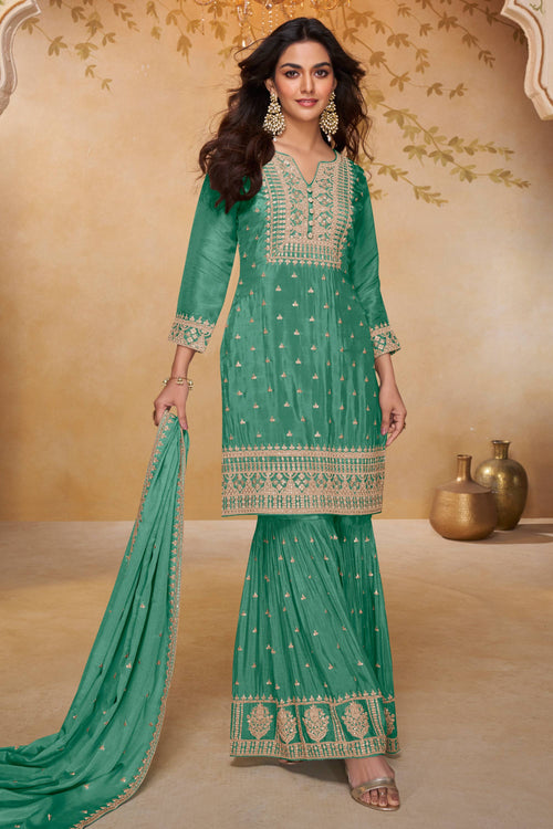 Emerald Sea Green Embroidered Sharara Suit