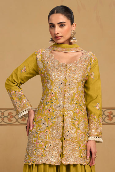 Embroidery Work Mustard Designer Palazzo Suit
