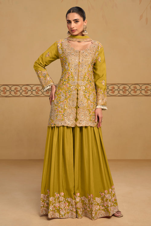 Embroidery Work Mustard Designer Palazzo Suit
