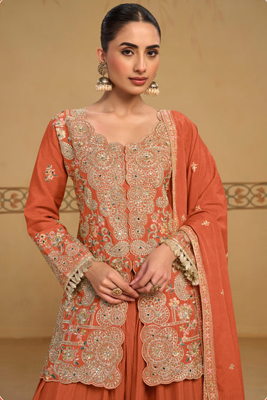 Function Wear Embroidered Rust Palazzo Suit