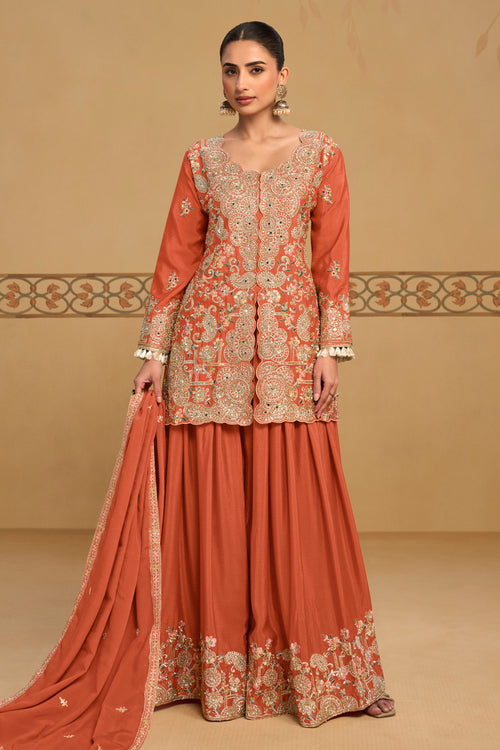Function Wear Embroidered Rust Palazzo Suit