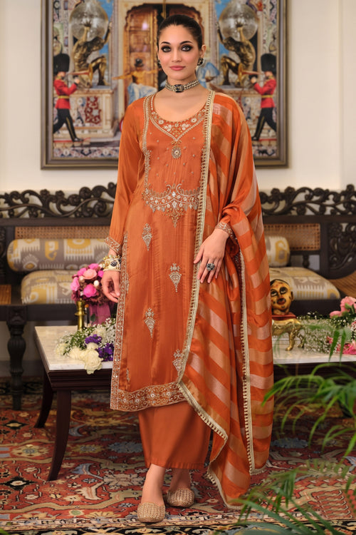 Classic Zari Embroidered Orange Designer Suit