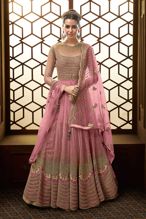 Royal Gold Sequins Embroidered Pink Function Wear Readymade Anarkali Suit