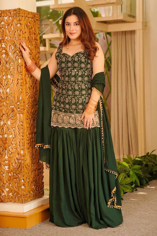 Premium Dark Green Georgette Embroidered Readymade Sharara Suit