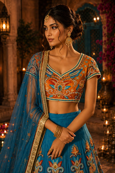 Sky Blue Heavy Hand Embroidered Net And Crepe Wedding Lehenga Choli