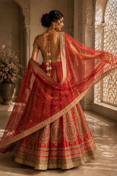Red Silk Designer Bridal Lehenga With Heavy Handwork