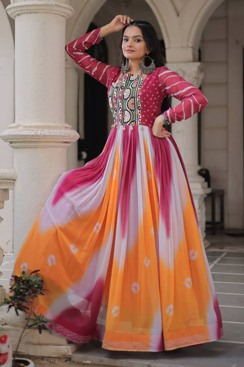 Navratri Special Georgette Ethnic Bandhani Print Gamthi Touch Gown