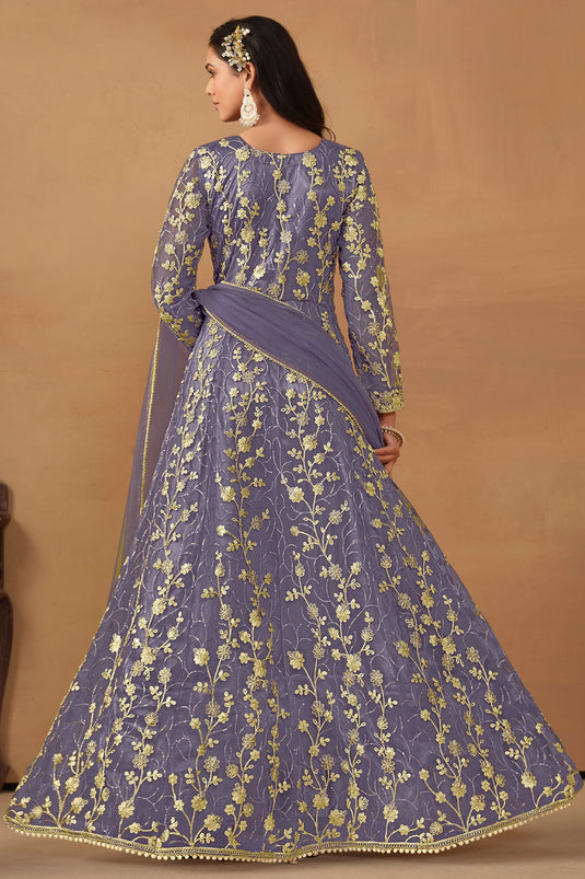 Purple Color Net Fabric Alluring Embroidered Anarkali Suit