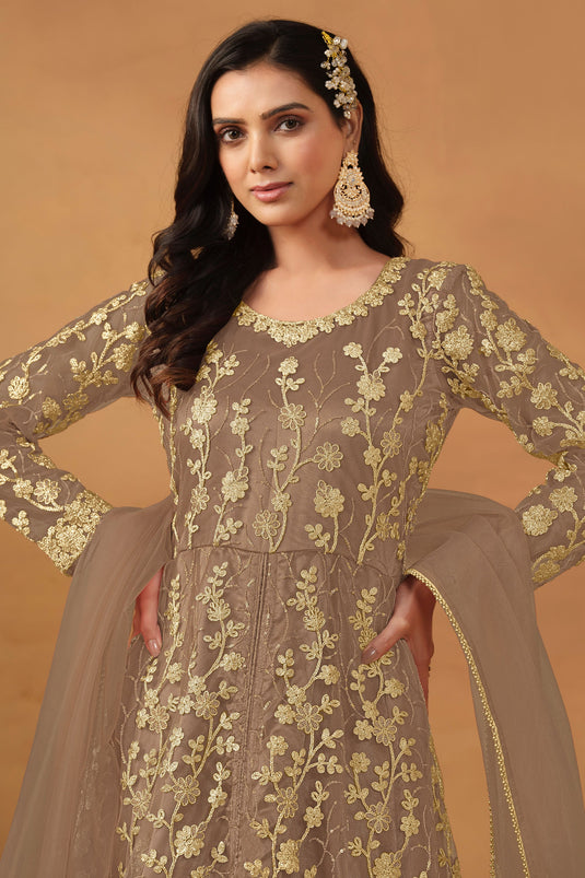 Net Fabric Chikoo Brown Color Embroidered Elegant Anarkali Suit